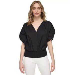 NWT Womens Size Medium Calvin Klein Black V-Neck Smocked Waist Blouse Top NEW